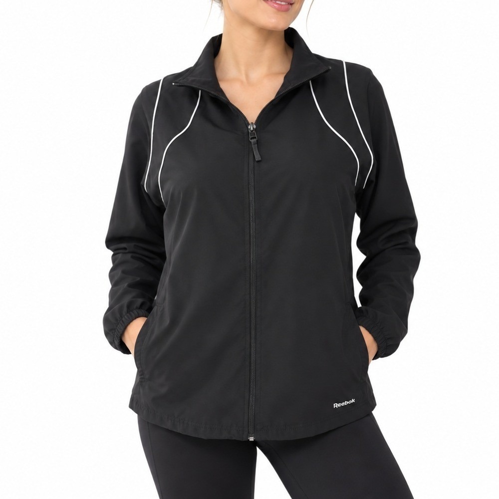 Reebok Track Jacket Women M Black Full Zip Piping Activewear Windbreaker